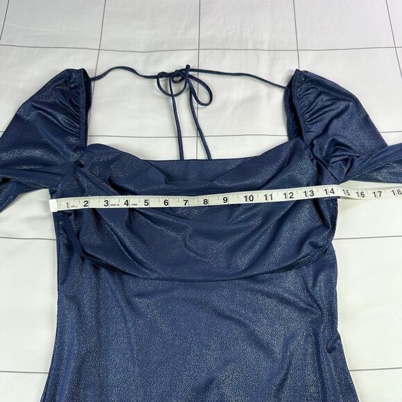 Lucy in the Sky Dress Womens Medium Blue Foil Flare Sleeve Mini Party Drape - Picture 7 of 11